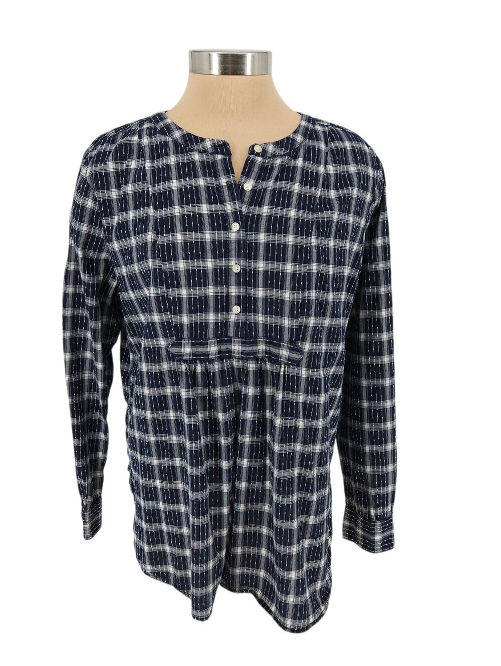 Ann Taylor LOFT Tunic Top Navy Plaid Long Sleeve Button Henley Shirt XL